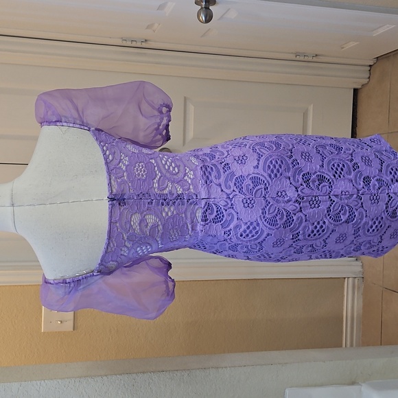 Purple Lace Sheer Corset Bodycon Mini Dress with Puff Sheer Short Sleeves - Picture 8 of 9